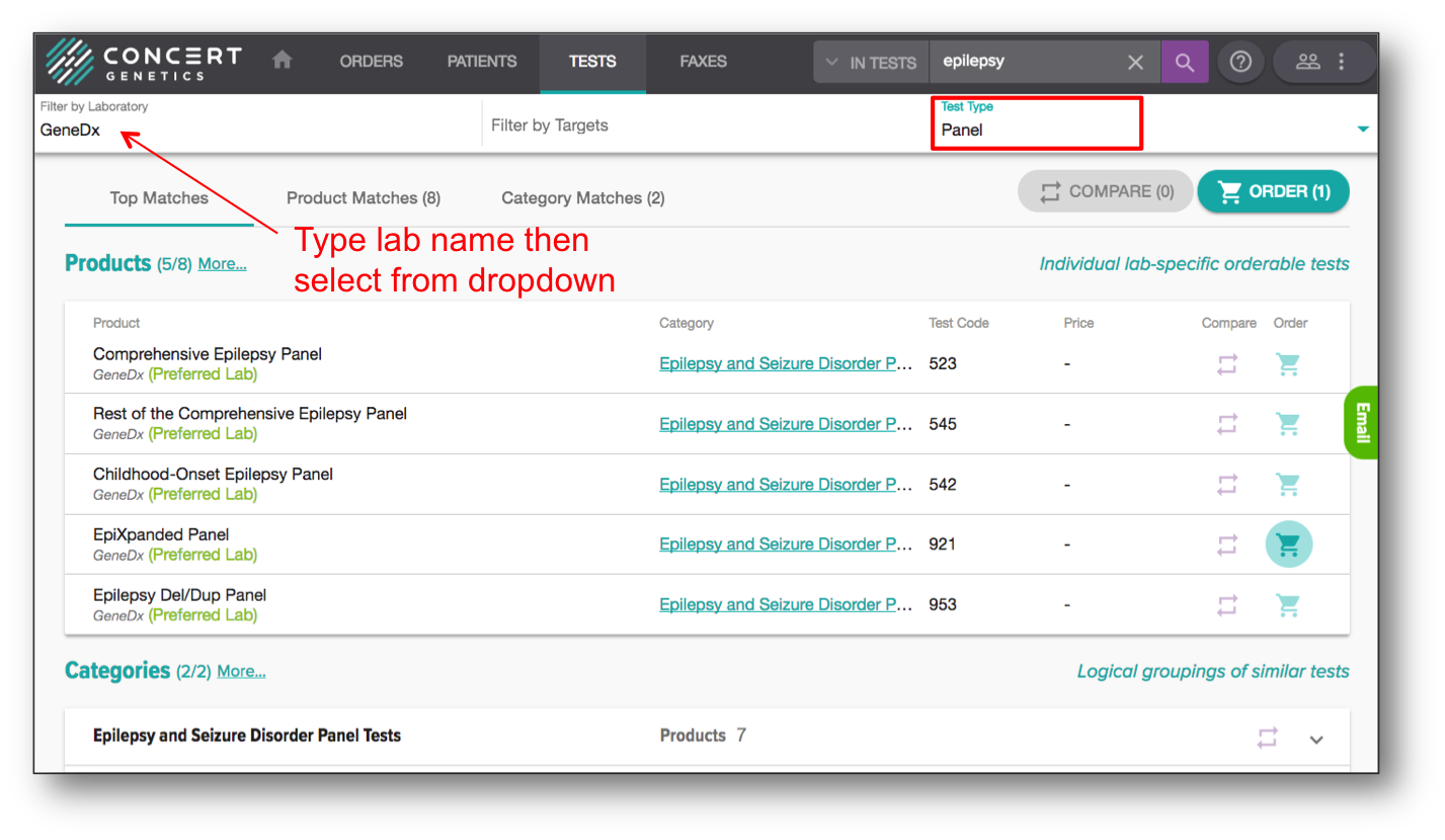 Filter by Lab Name and Test Type