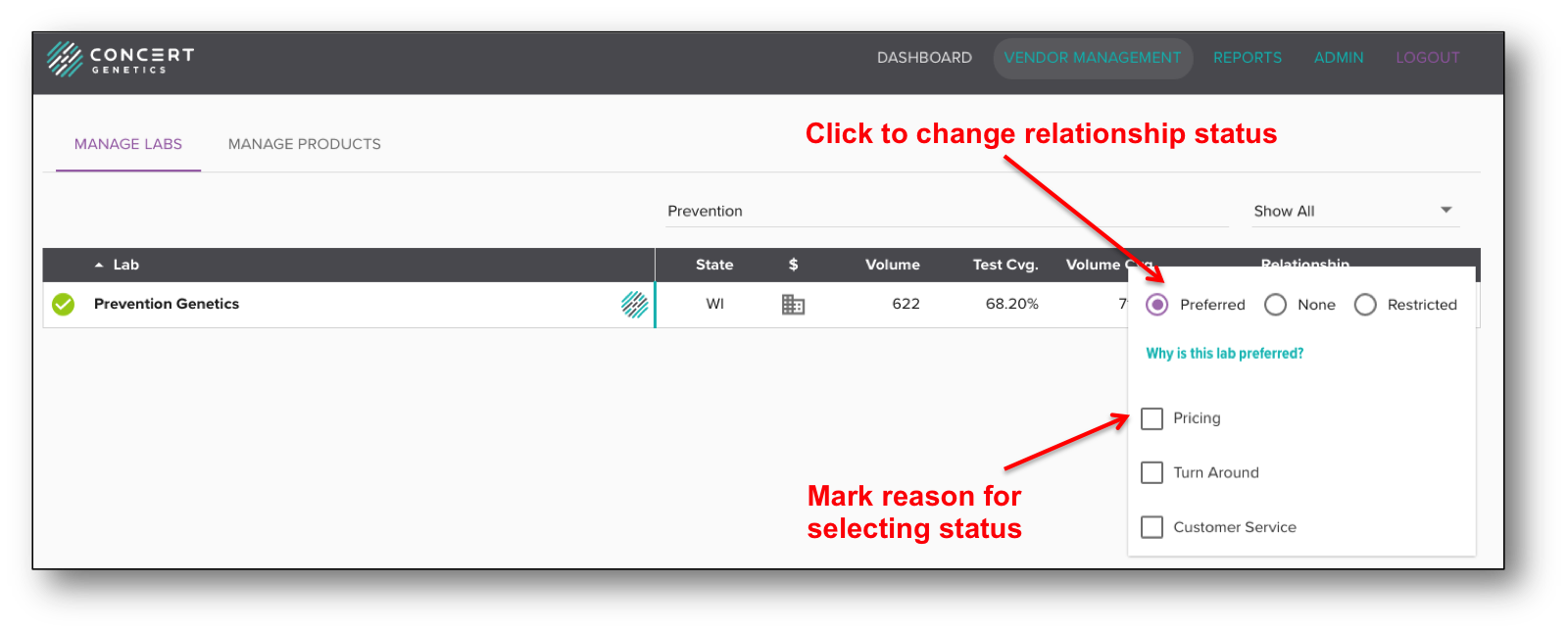 Change lab relationship status